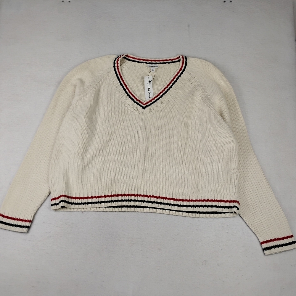 NWT The Drop Chunky Knit V- Neck Sweater In Cream With Red/Blk Stripe Accents 3X - Picture 2 of 8